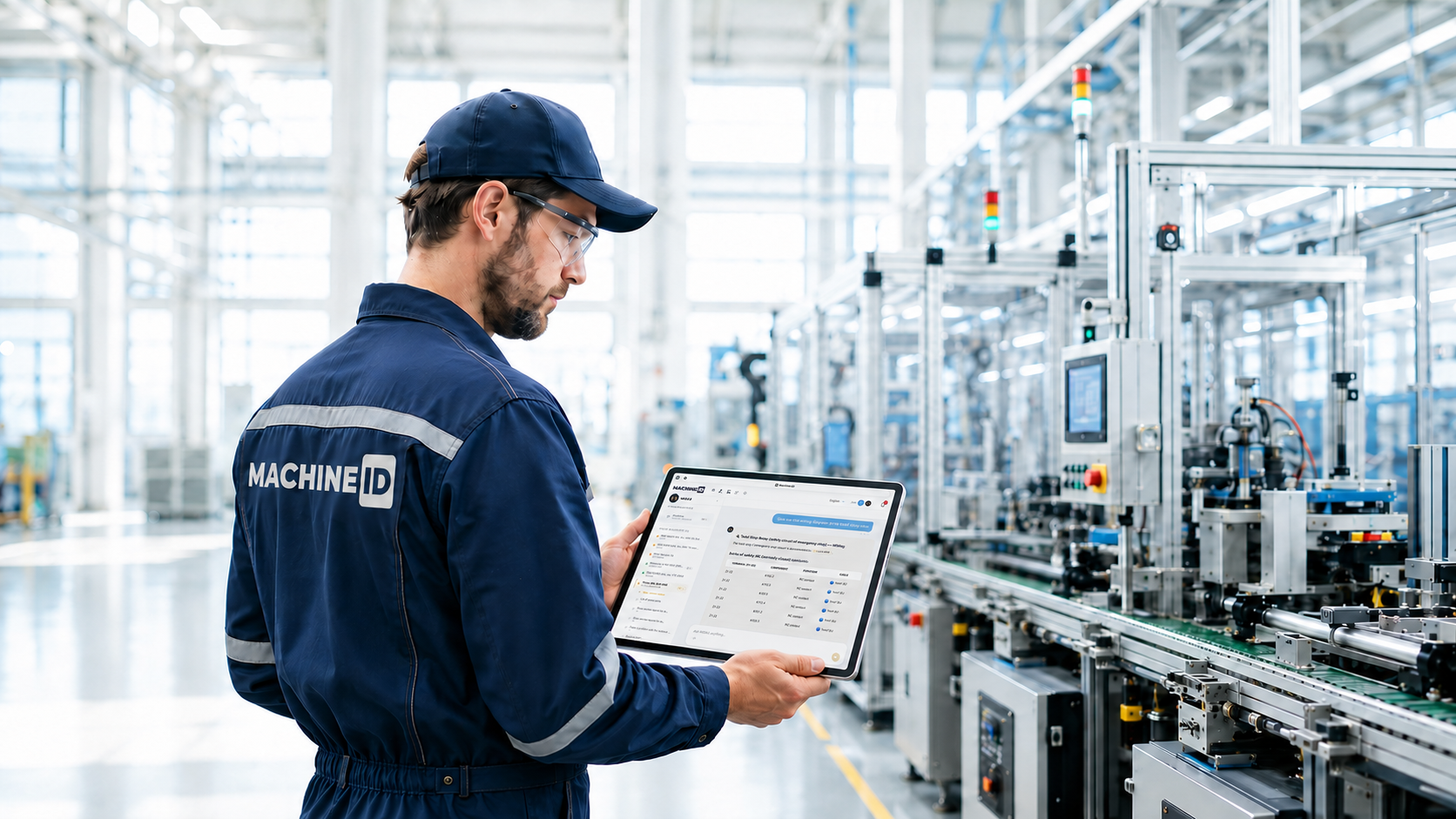 Maintenance technician using MachineID AI Assistant on iPad in the factory