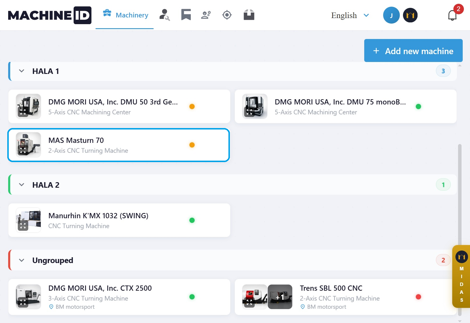 MachineID, Stroje, machines grouped by location
