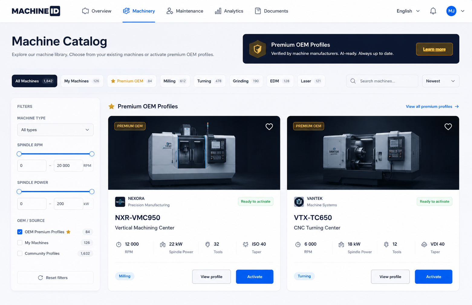 Machine Catalog with Premium OEM Profiles